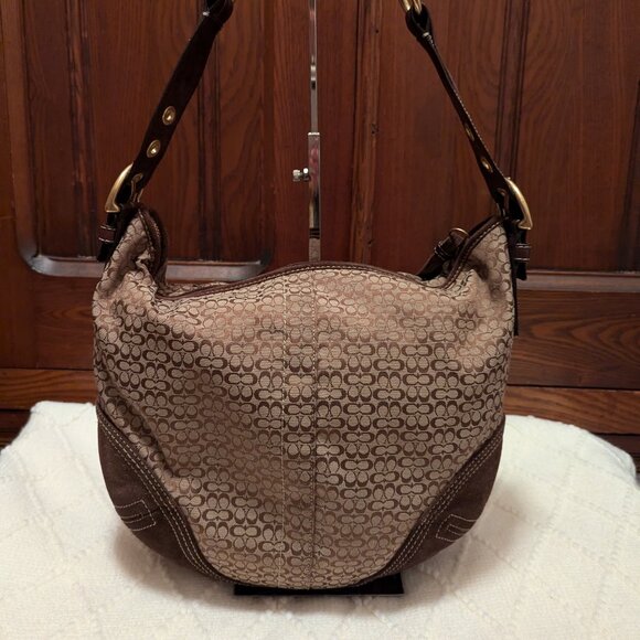 Vintage Coach 2158 Brown Signature Logo Suede Leather Hobo Shoulder - Picture 3 of 16